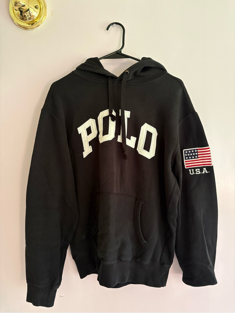 Ralph Lauren Black Hoodie with White POLO Logo and USA Flag Sleeve Patch